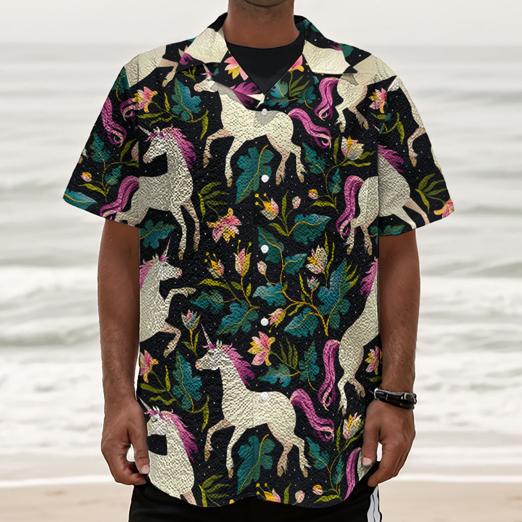 Night Floral Unicorn Pattern Print Textured Short Sleeve Shirt