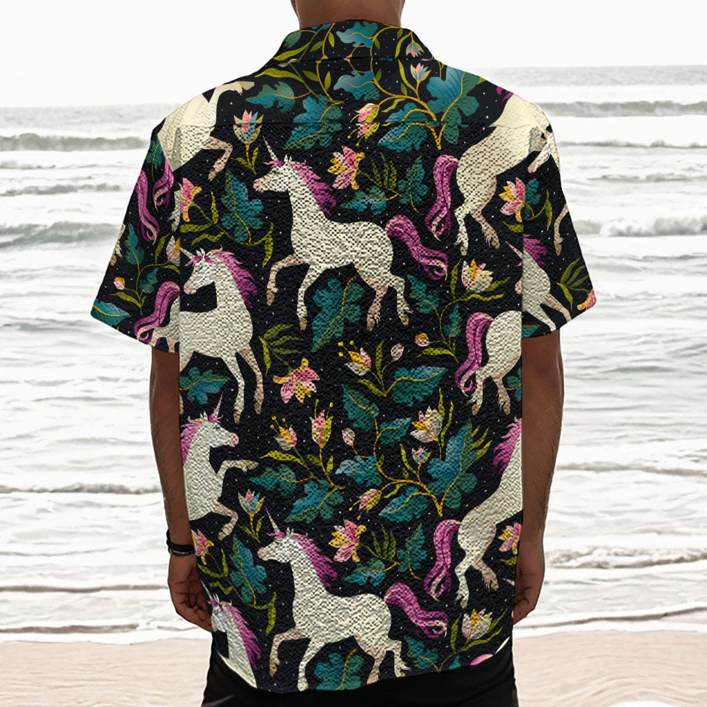Night Floral Unicorn Pattern Print Textured Short Sleeve Shirt
