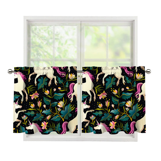 Night Floral Unicorn Pattern Print Tier Curtains