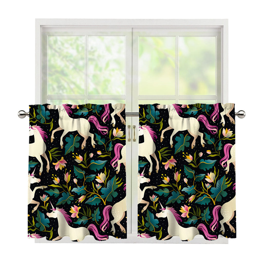 Night Floral Unicorn Pattern Print Tier Curtains