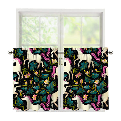 Night Floral Unicorn Pattern Print Tier Curtains