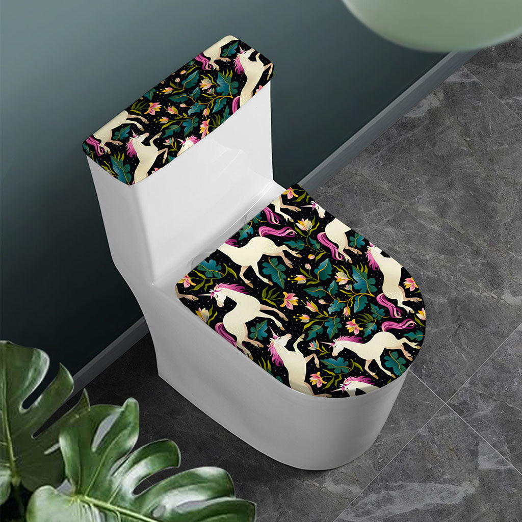Night Floral Unicorn Pattern Print Toilet Lid And Tank Cover Set