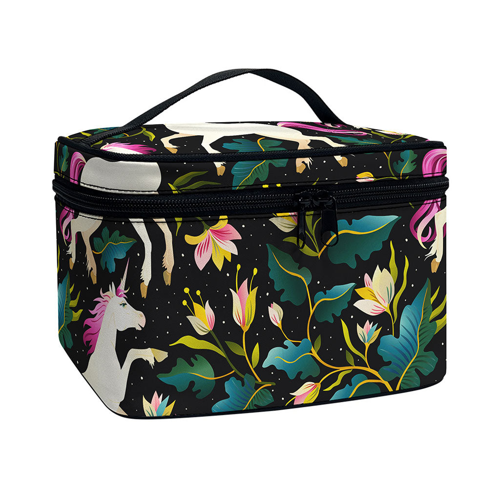 Night Floral Unicorn Pattern Print Travel Makeup Bag