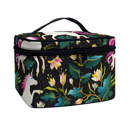 Night Floral Unicorn Pattern Print Travel Makeup Bag