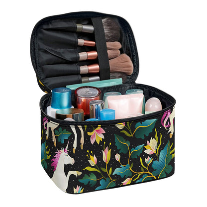 Night Floral Unicorn Pattern Print Travel Makeup Bag