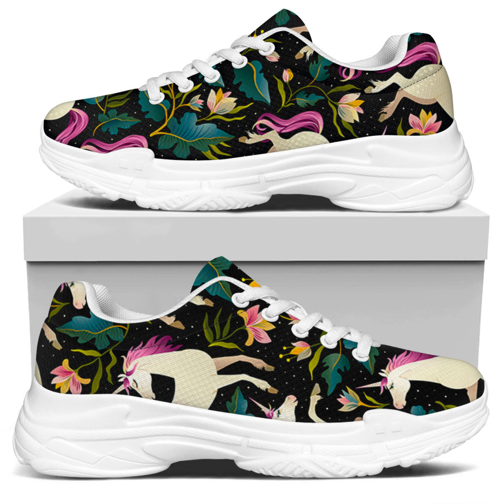 Night Floral Unicorn Pattern Print White Chunky Shoes