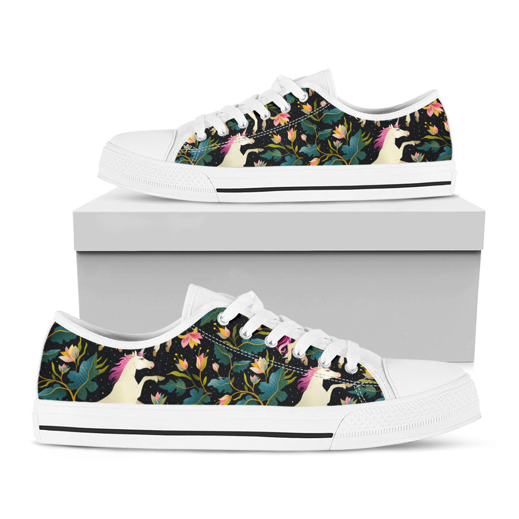 Night Floral Unicorn Pattern Print White Low Top Sneakers