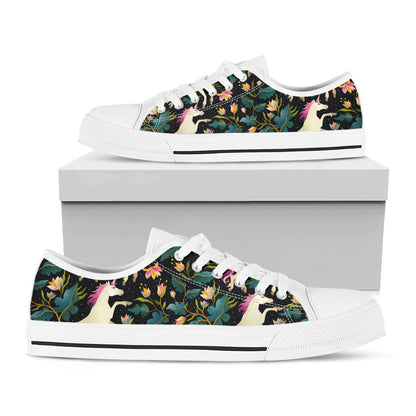 Night Floral Unicorn Pattern Print White Low Top Sneakers