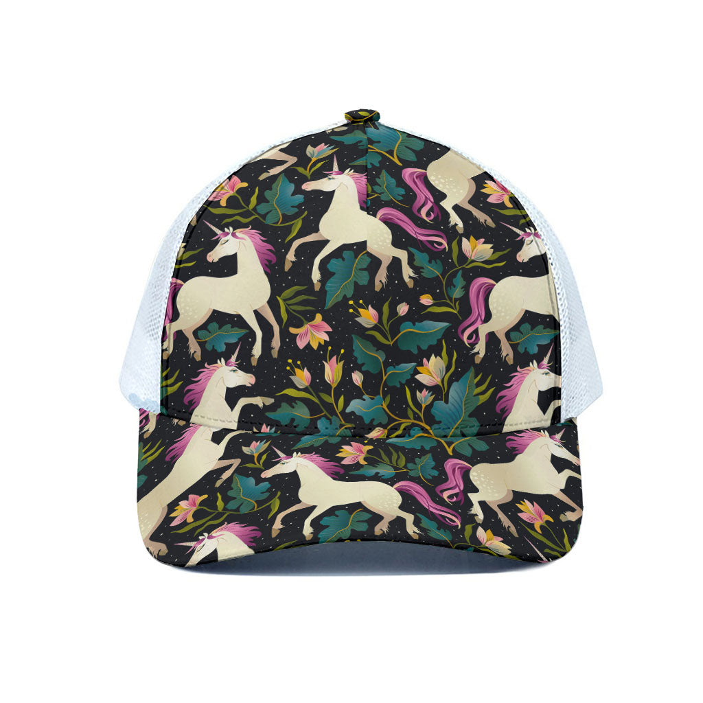 Night Floral Unicorn Pattern Print White Mesh Trucker Cap