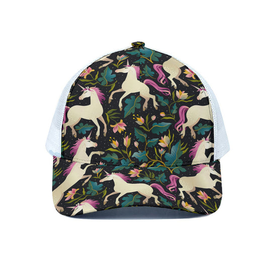 Night Floral Unicorn Pattern Print White Mesh Trucker Cap