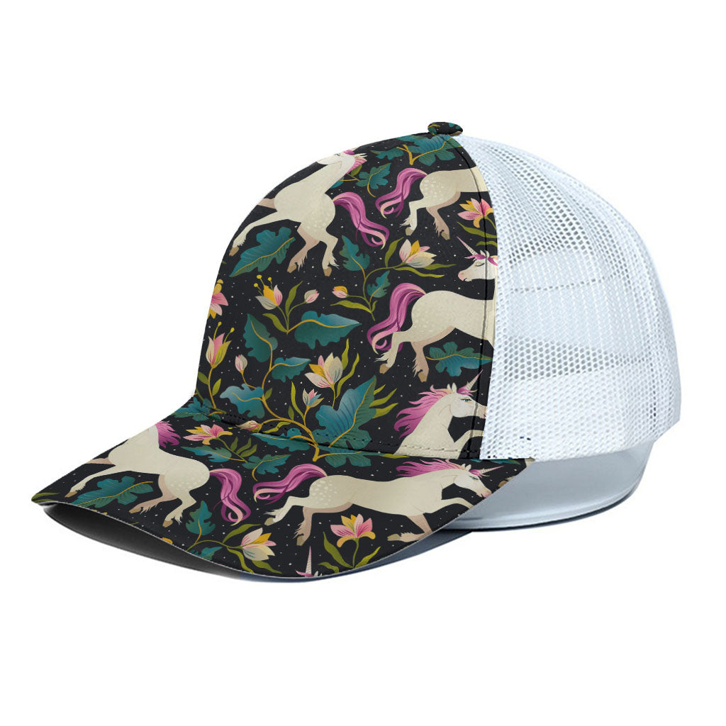 Night Floral Unicorn Pattern Print White Mesh Trucker Cap