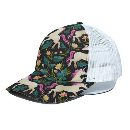 Night Floral Unicorn Pattern Print White Mesh Trucker Cap