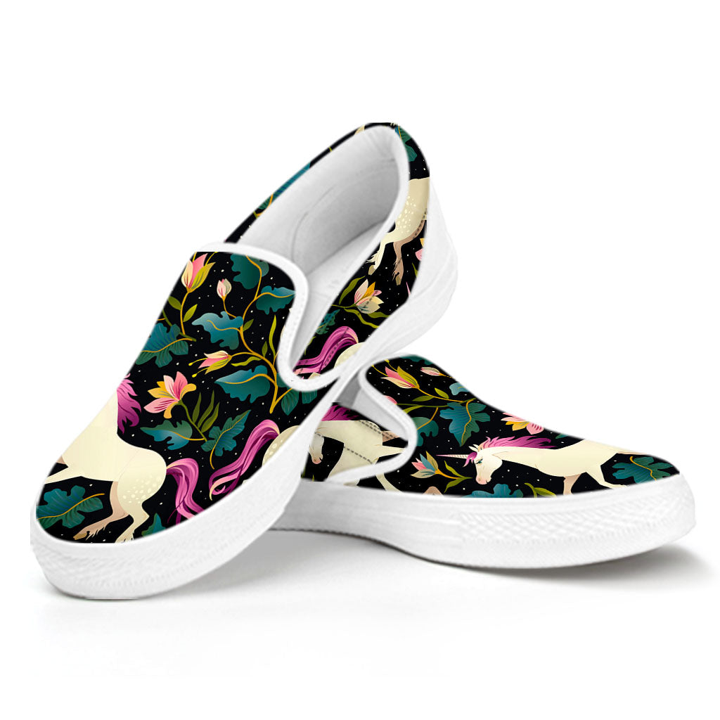 Night Floral Unicorn Pattern Print White Slip On Sneakers