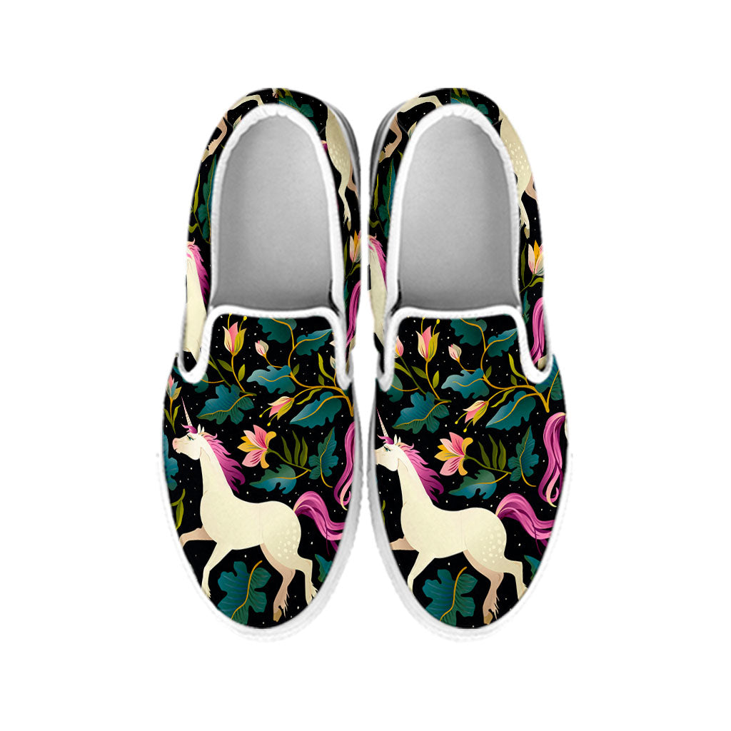 Night Floral Unicorn Pattern Print White Slip On Sneakers