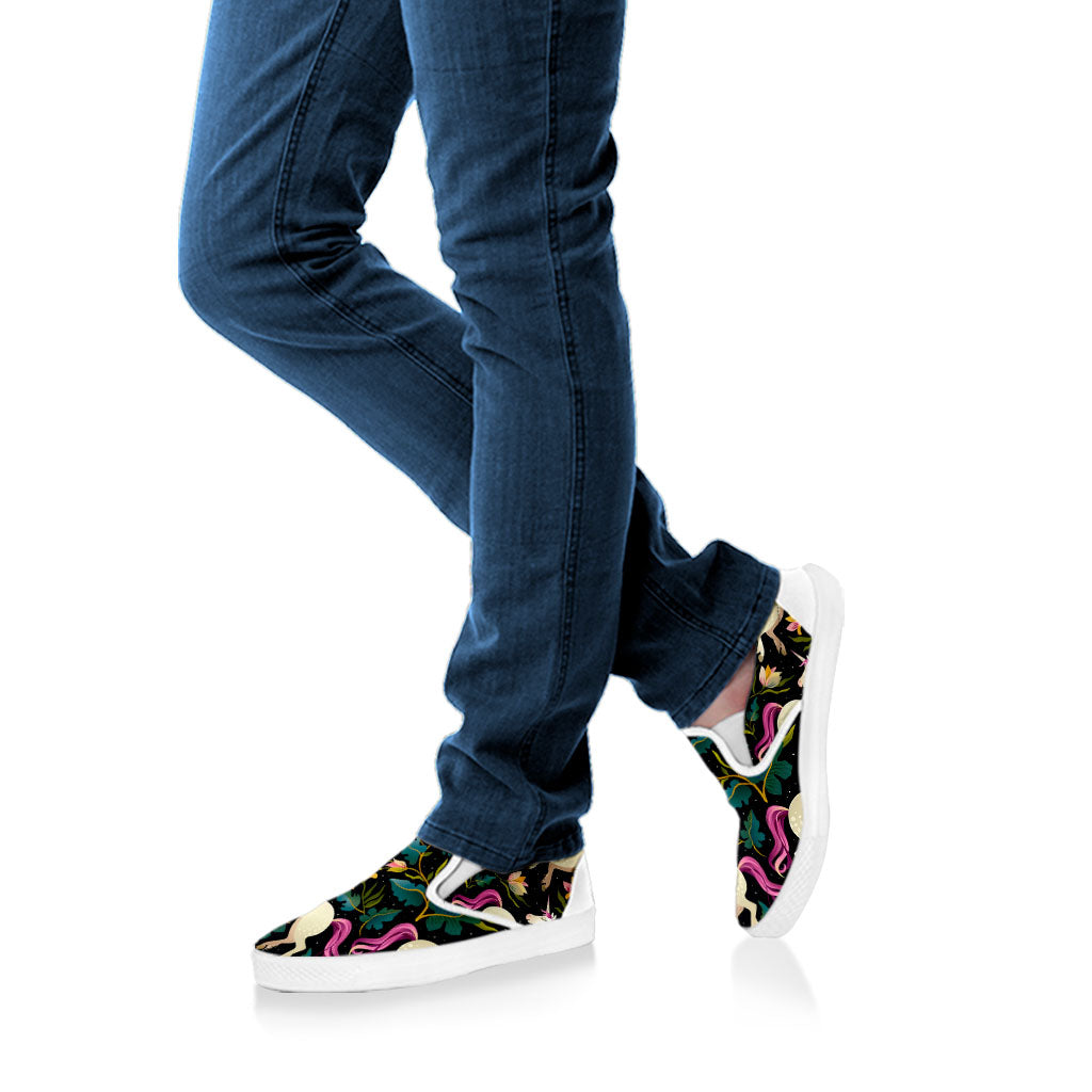 Night Floral Unicorn Pattern Print White Slip On Sneakers