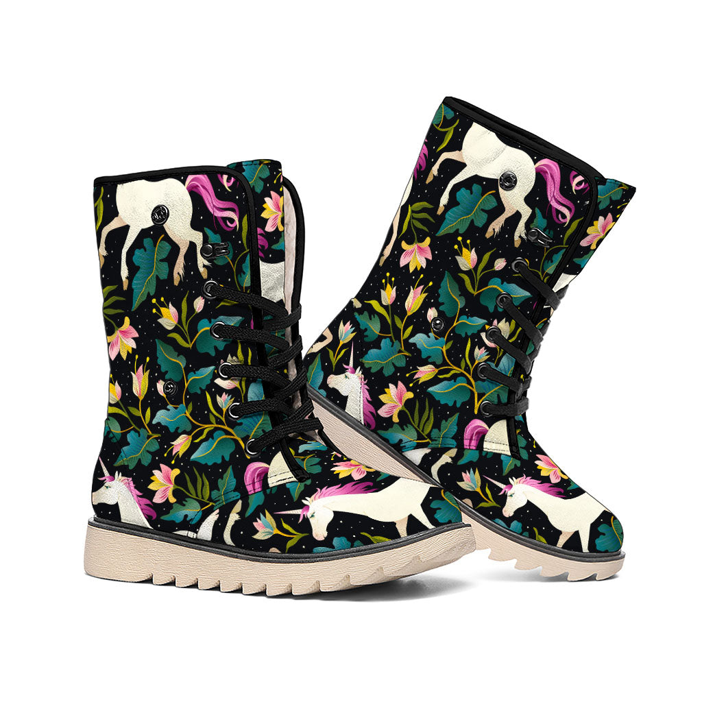 Night Floral Unicorn Pattern Print Winter Boots