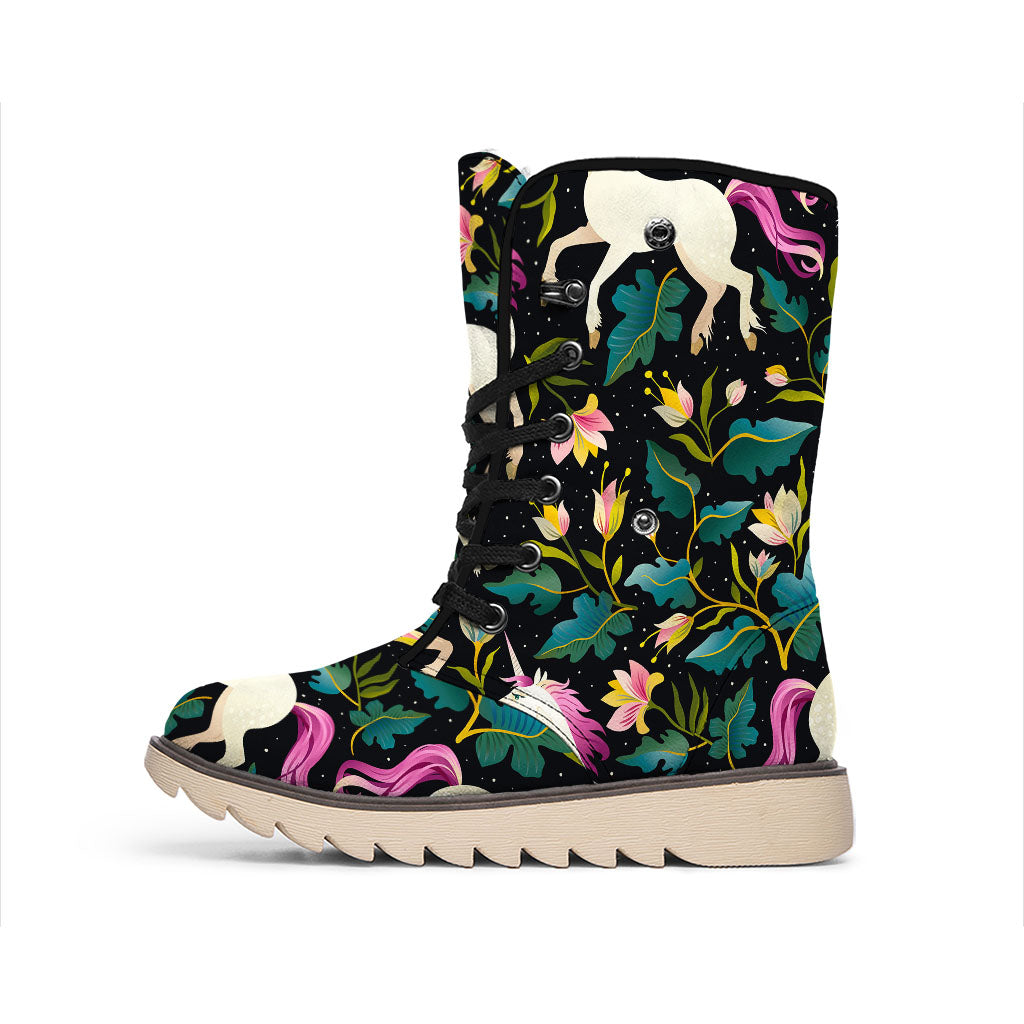 Night Floral Unicorn Pattern Print Winter Boots