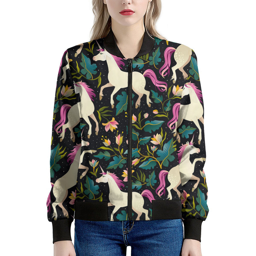 Night Floral Unicorn Pattern Print Women's Bomber Jacket