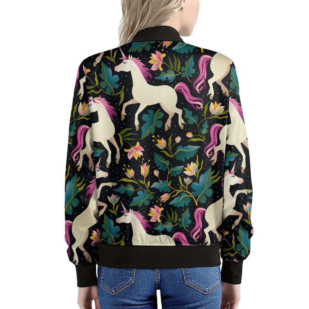 Night Floral Unicorn Pattern Print Women's Bomber Jacket