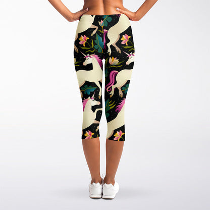 Night Floral Unicorn Pattern Print Women's Capri Leggings