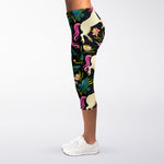 Night Floral Unicorn Pattern Print Women's Capri Leggings