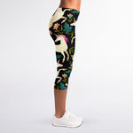 Night Floral Unicorn Pattern Print Women's Capri Leggings
