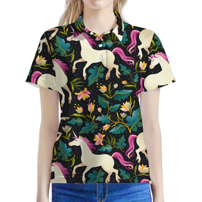 Night Floral Unicorn Pattern Print Women's Polo Shirt
