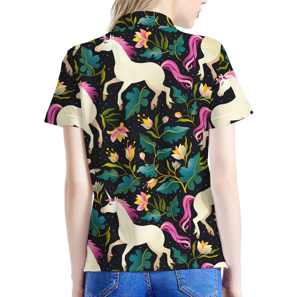 Night Floral Unicorn Pattern Print Women's Polo Shirt