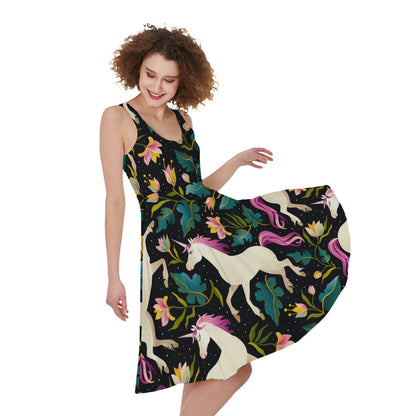 Night Floral Unicorn Pattern Print Women's Sleeveless Dress
