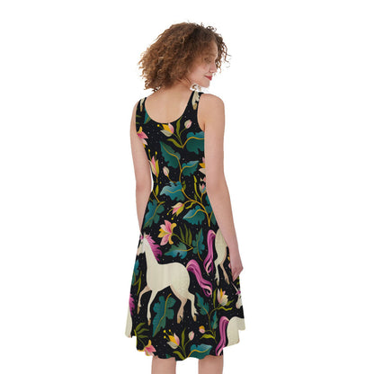 Night Floral Unicorn Pattern Print Women's Sleeveless Dress