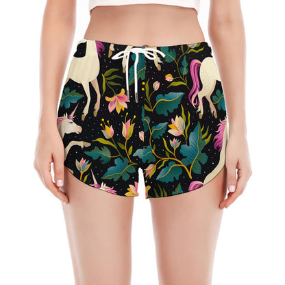 Night Floral Unicorn Pattern Print Women's Split Running Shorts