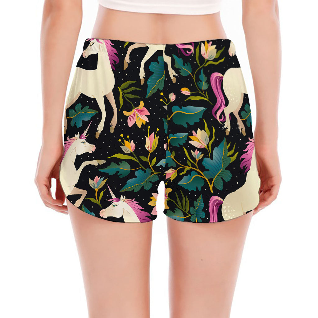 Night Floral Unicorn Pattern Print Women's Split Running Shorts