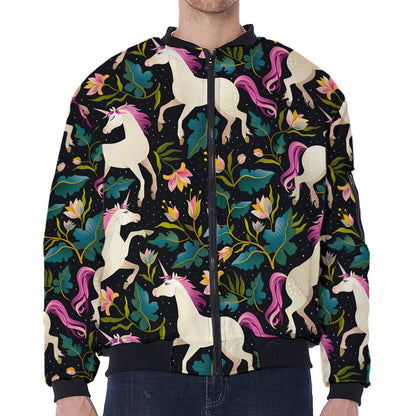 Night Floral Unicorn Pattern Print Zip Sleeve Bomber Jacket