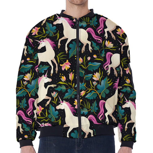 Night Floral Unicorn Pattern Print Zip Sleeve Bomber Jacket