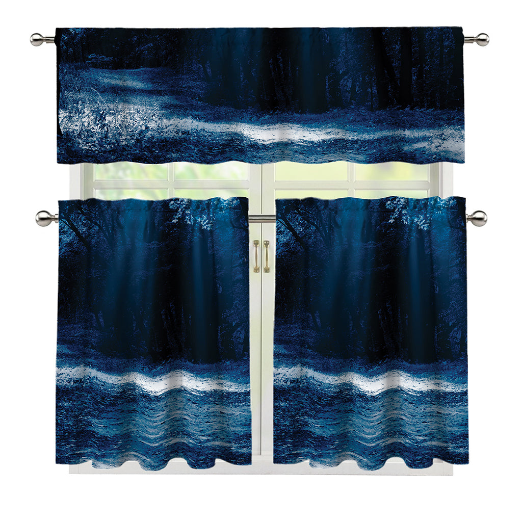 Night Forest And Moonlight Print 3 Piece Kitchen Curtains