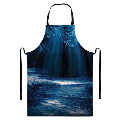 Night Forest And Moonlight Print Bib Apron With Pocket