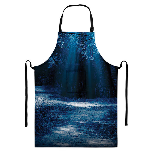Night Forest And Moonlight Print Bib Apron With Pocket