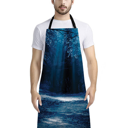 Night Forest And Moonlight Print Bib Apron With Pocket