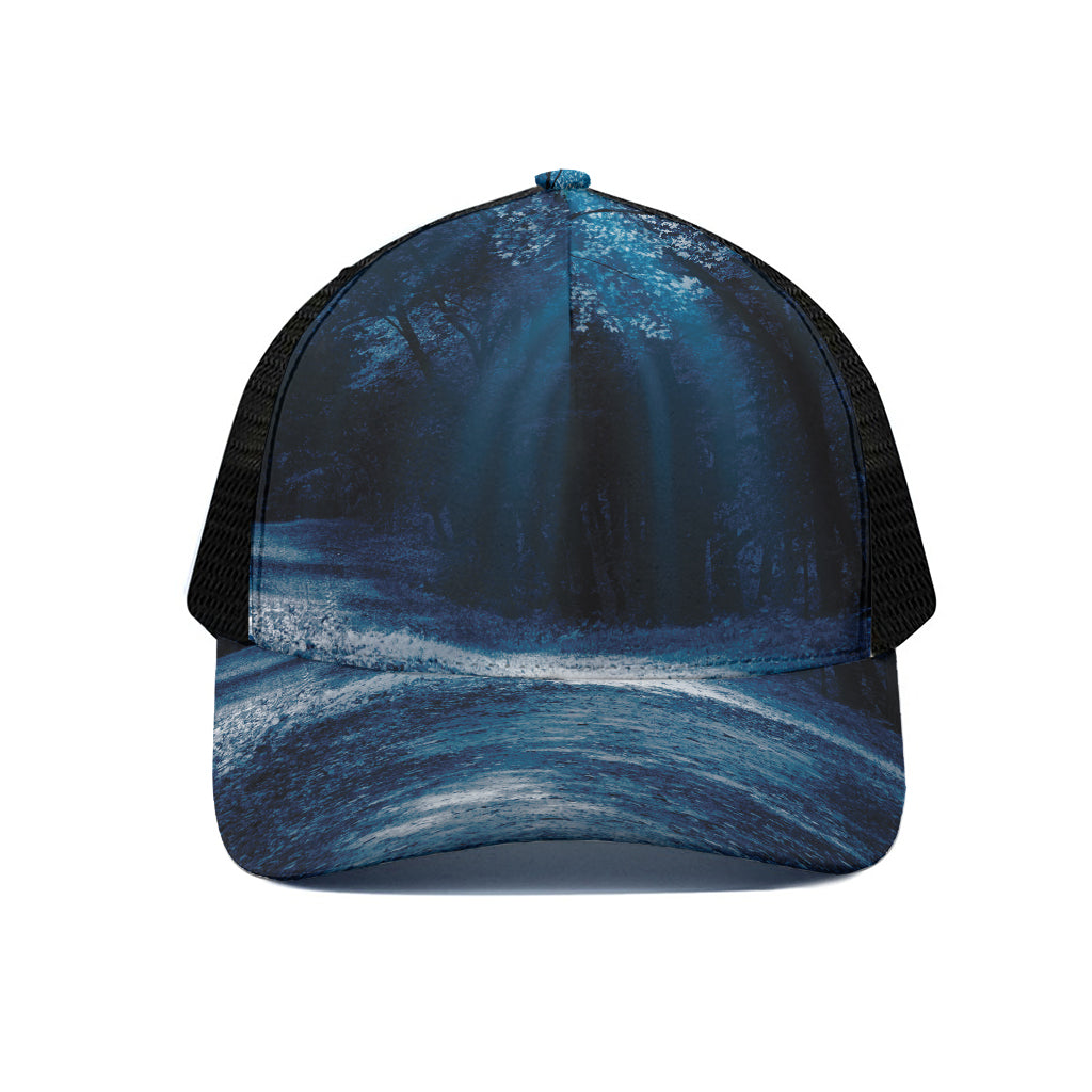 Night Forest And Moonlight Print Black Mesh Trucker Cap