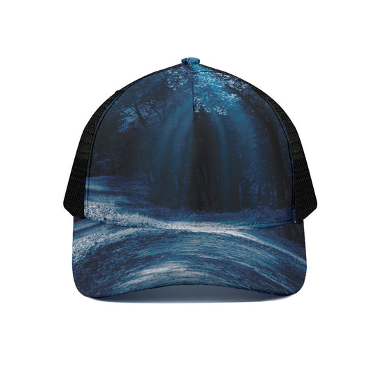 Night Forest And Moonlight Print Black Mesh Trucker Cap