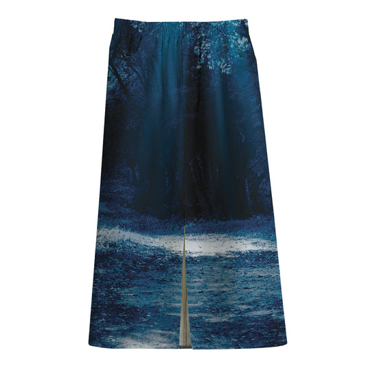 Night Forest And Moonlight Print Cotton Front Slit Maxi Skirt