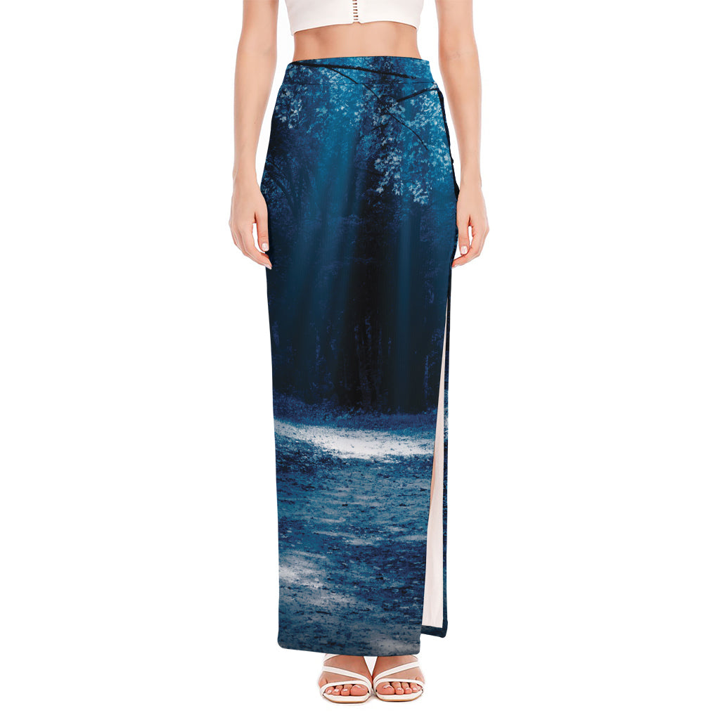 Night Forest And Moonlight Print High Slit Maxi Skirt