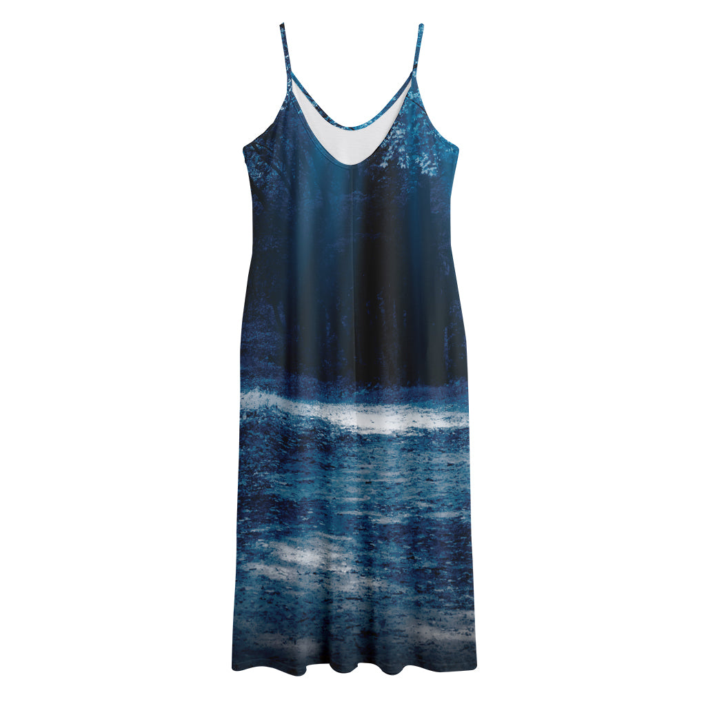 Night Forest And Moonlight Print Jersey Midi Cami Dress