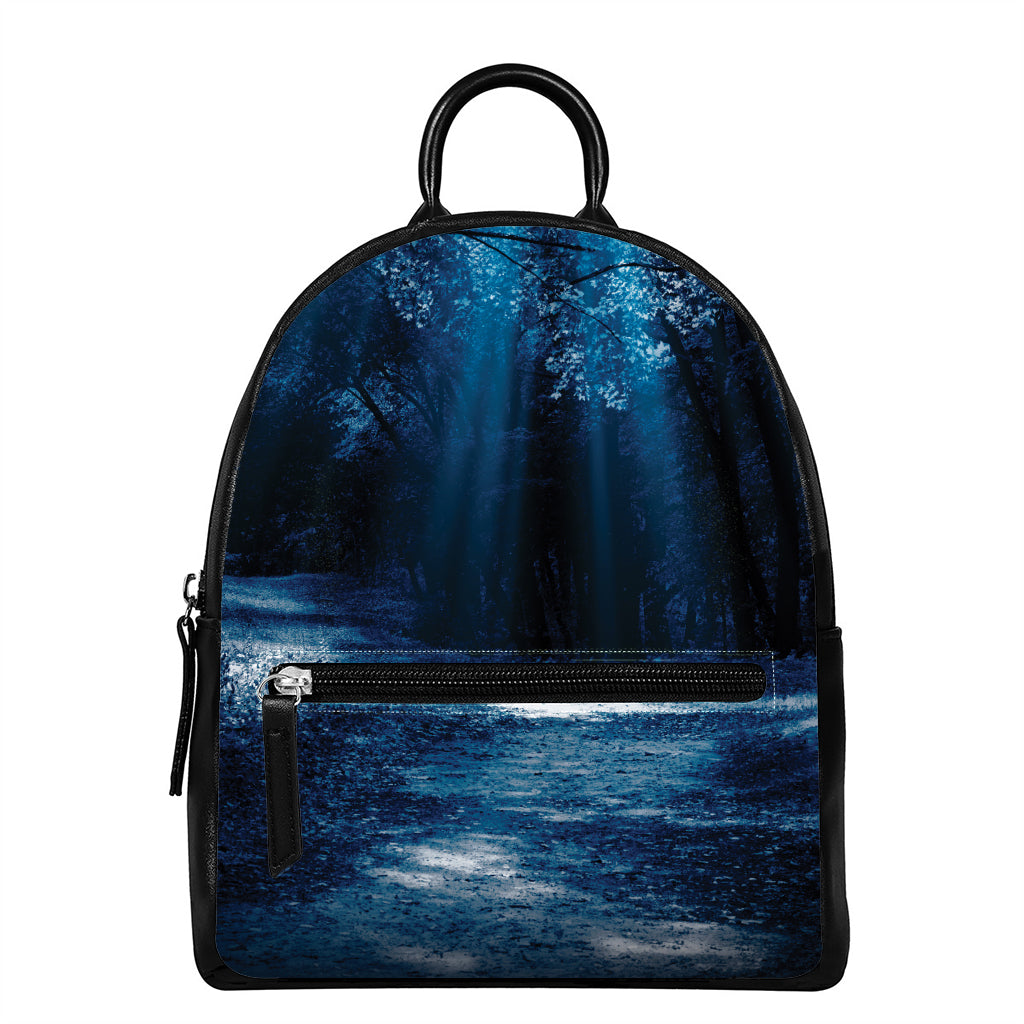 Night Forest And Moonlight Print Leather Backpack