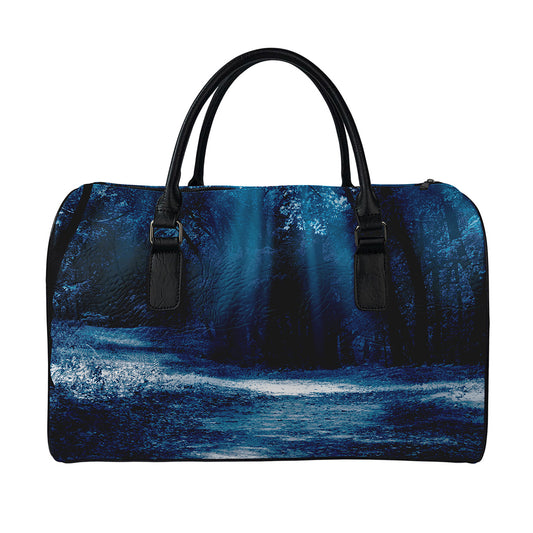 Night Forest And Moonlight Print Leather Duffle Bag