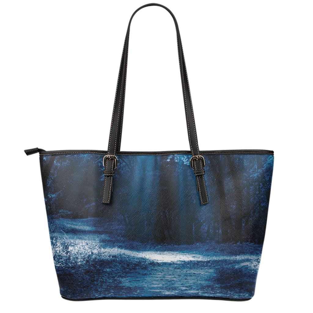 Night Forest And Moonlight Print Leather Tote Bag