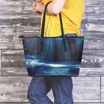 Night Forest And Moonlight Print Leather Tote Bag