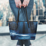 Night Forest And Moonlight Print Leather Tote Bag