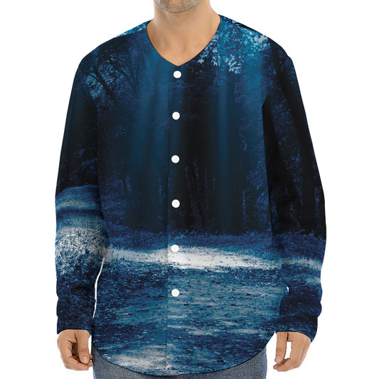 Night Forest And Moonlight Print Long Sleeve Baseball Jersey