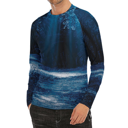 Night Forest And Moonlight Print Men's Long Sleeve Rash Guard